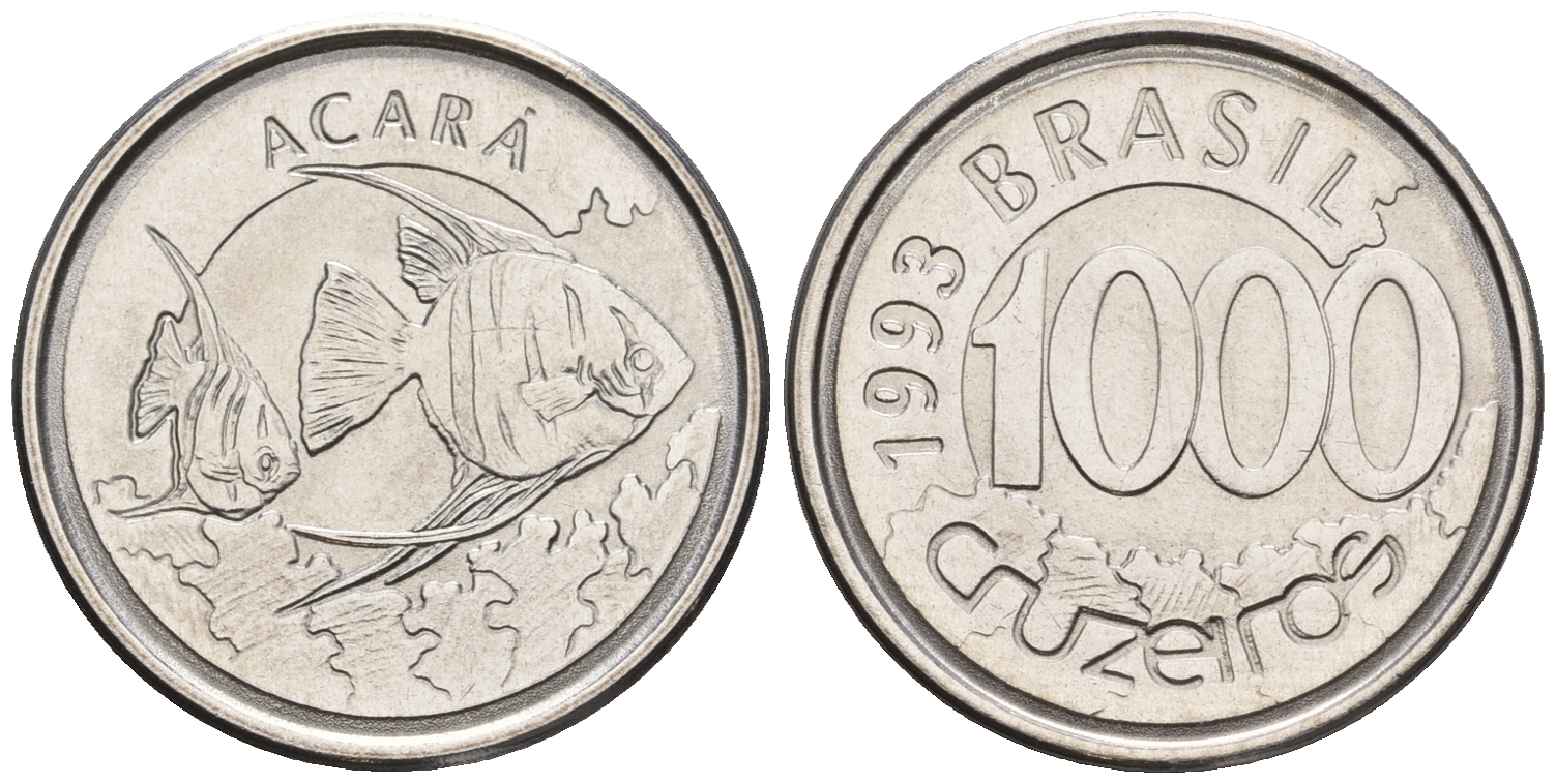 Бразилия 1000 крузейро 1993 реформа 1990-1993, рыбка Акара KM 626 нержавеющая сталь 87-145