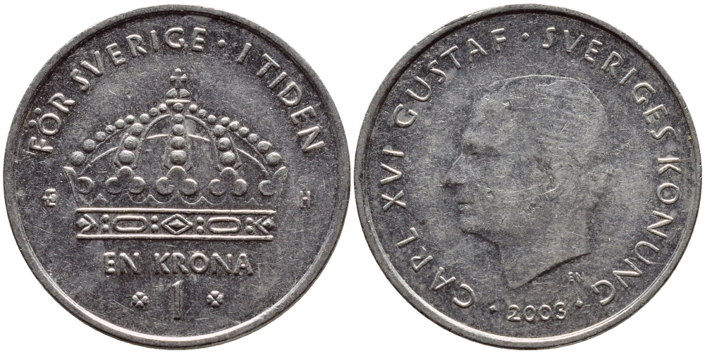 Швеция 1 крона 2003 Карл XVI Густав (1973- ) KM 894 медно-никель 4179-1035