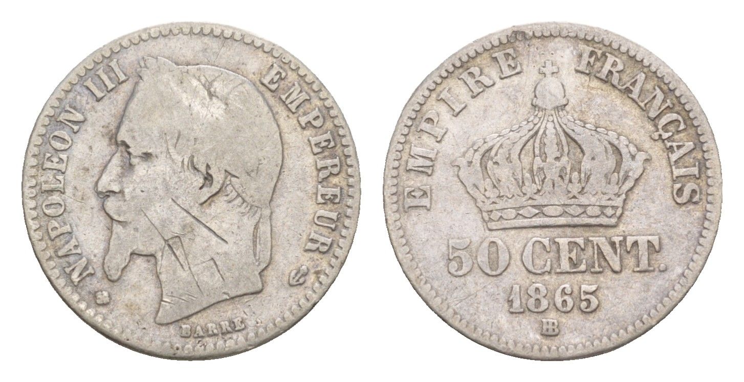 Франция 50 сантимов 1865 BB, Наполеон III (1852-1870) KM 814.2 серебро 4658-823