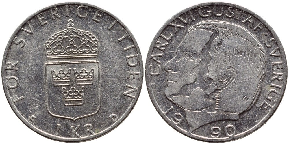Швеция 1 крона 1990 Карл XVI Густав (1973- ) KM 852a медно-никель 4388-111