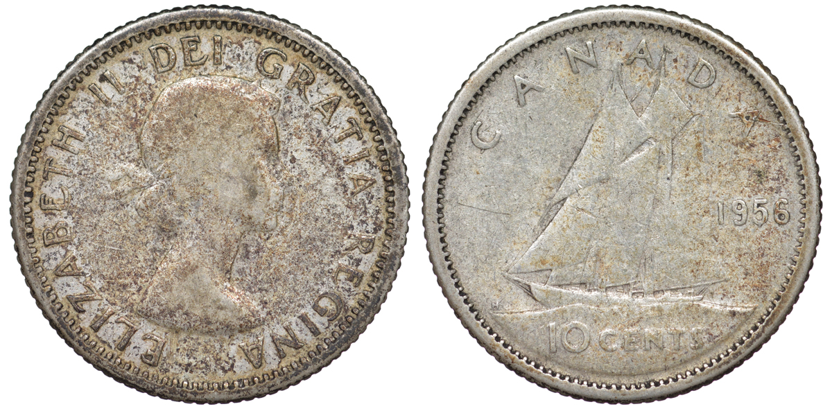 Канада 10 центов 1956 Елизавета II (1952-2022), парусник KM 51 серебро 4178-154