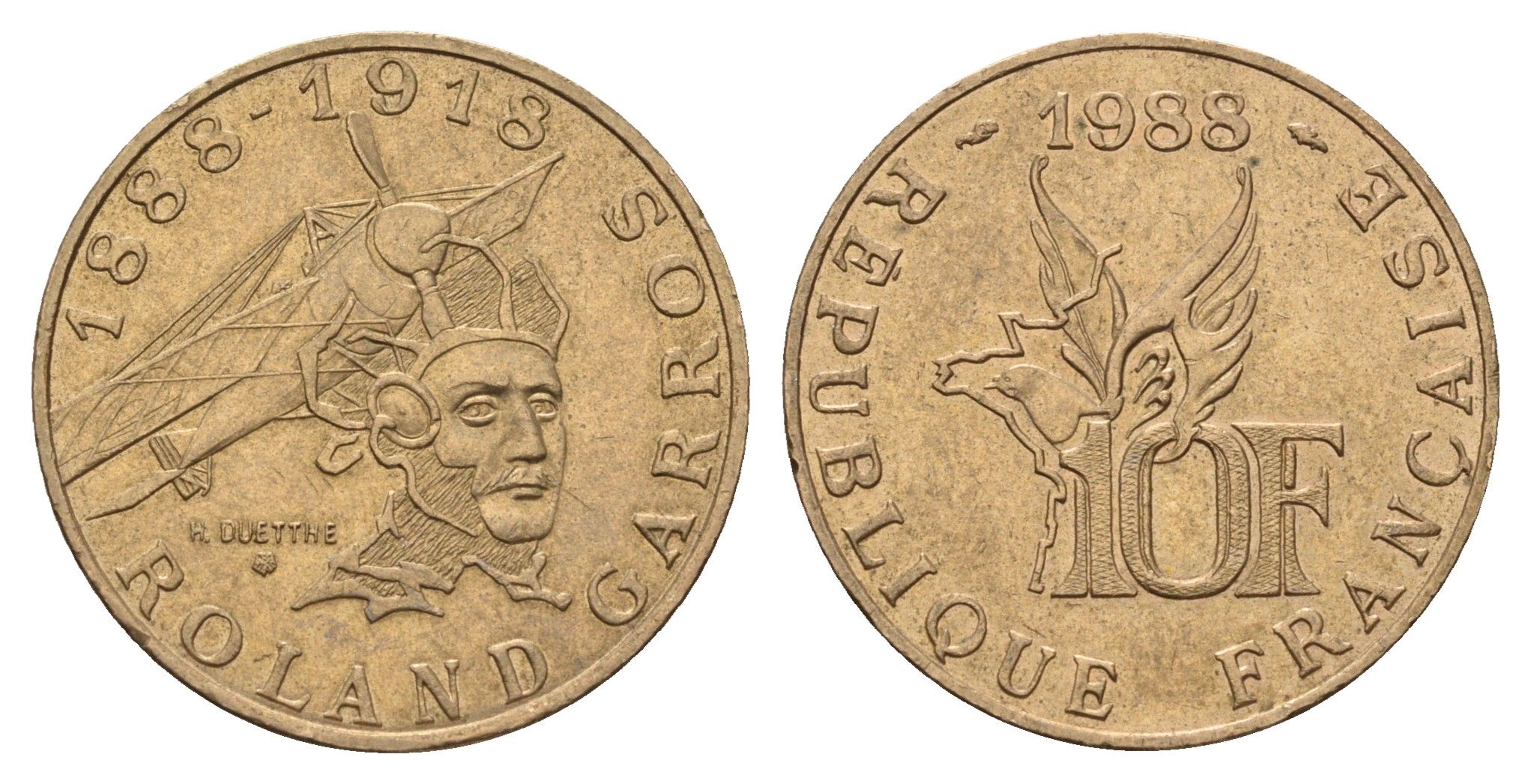 Франция 10 франков 1988 100 лет со дня рождения Ролан Гарроса (1888-1918) KM 965, Le Franc 372.3 никель латунь 4118-1016