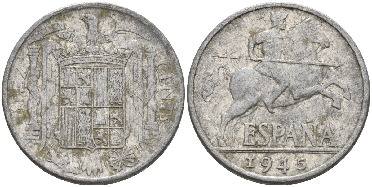 Испания 10 сентимо 1945 Франсиско Франко (1939 - 1975) KM 766 алюминий 4155-233