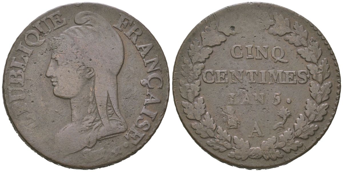 Франция 5 сантимов 1796 AN 5 А, Исполнительная директория (1795-1799) KM 640 медь 4616-415