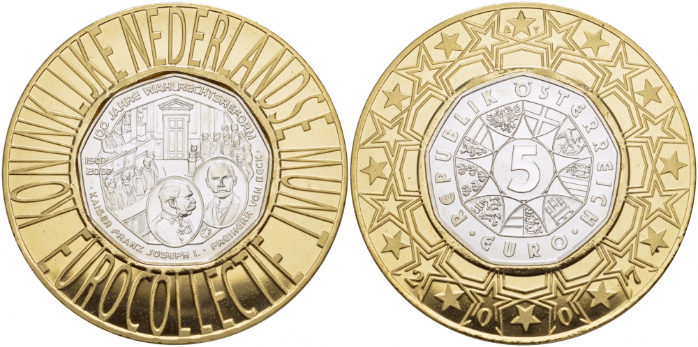 Австрия 5 евро 2007 100 лет Всеобщему избирательному праву, Франц Иосиф KM 3144 серебро UNC 1068-7-42