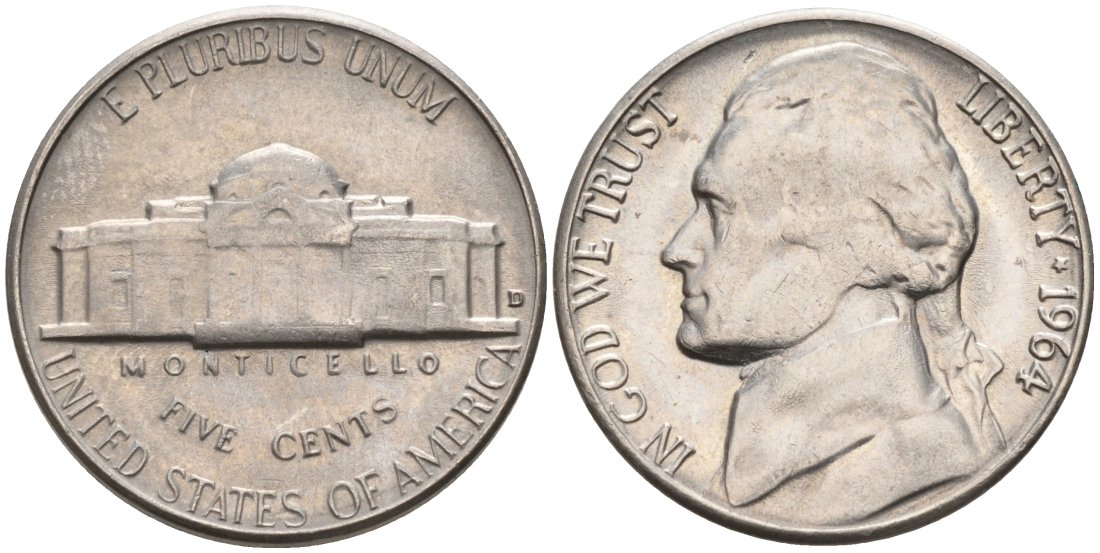 США 5 центов 1964 D, Джефферсон KM А192 медно-никель 92-1117