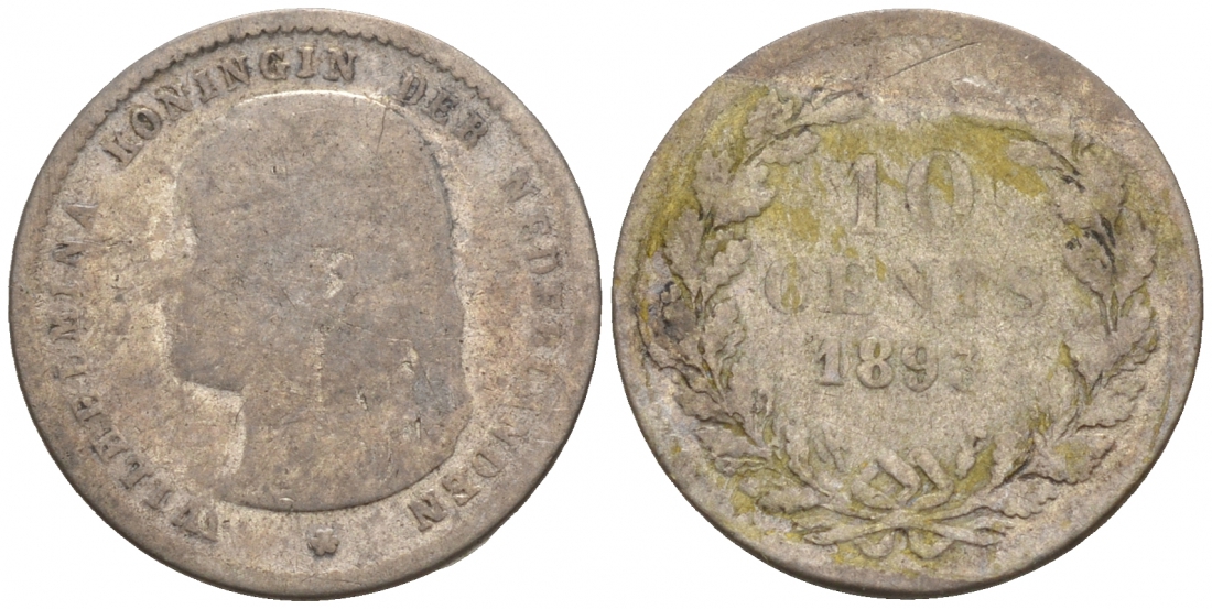 НИДЕРЛАНДЫ 10 ЦЕНТОВ 1893 ВИЛЬГЕЛЬМИНА KM 116 серебро 44-1019