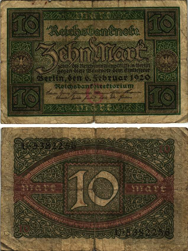 ГЕРМАНИЯ 10 МАРОК 1920 6 ФЕВРАЛЯ 1920, БУКВА G, СЕРИЯ U, СЕМЬ ЦИФР В НОМЕРЕ Pick 67а, Rosenberg 63а бумага 8616-14-2-2