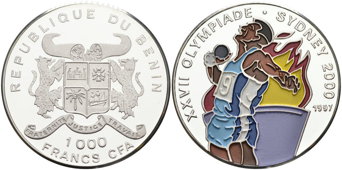 Бенин 1000 франков 1997 Олимпийские игры 2000 года в Сиднее, метатель ядра, цветная эмаль KM 21 серебро PROOF 01-076-42