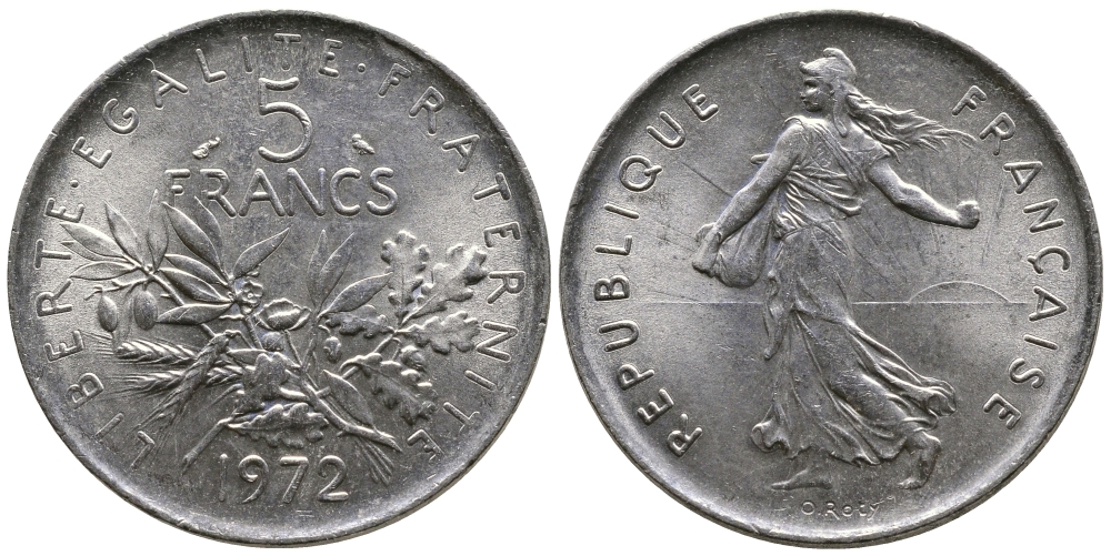 Франция 5 франков 1972 сеятель KM 926a.1, Le Franc 341.4 медно-никель плакированный никелем 4680-121