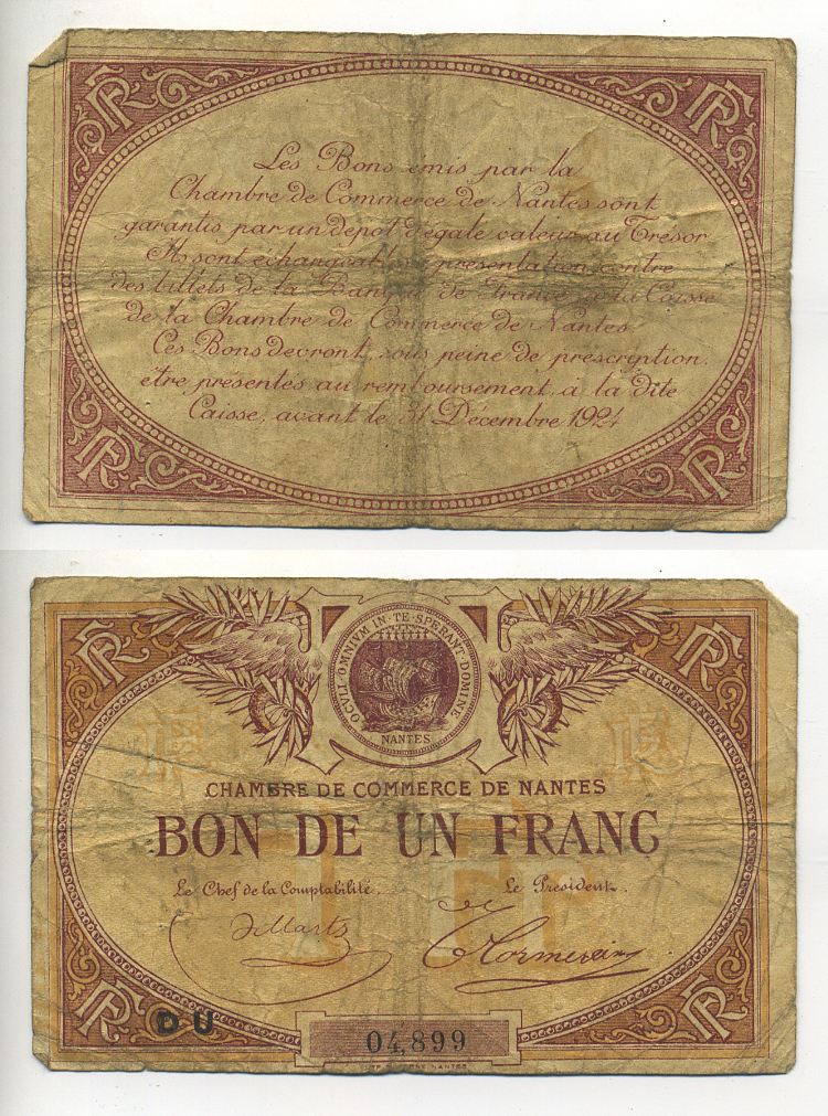 ФРАНЦИЯ 1 ФРАНК ND РЕГИОНАЛЬНЫЙ БОН, КОМЕРЧЕСКАЯ ПАЛАТА ГОРОДА НАНТА, ДЕЙСТВИТЕЛЕН ДО 24 ДЕКАБРЯ 1924 бумага 7552-31-4-2