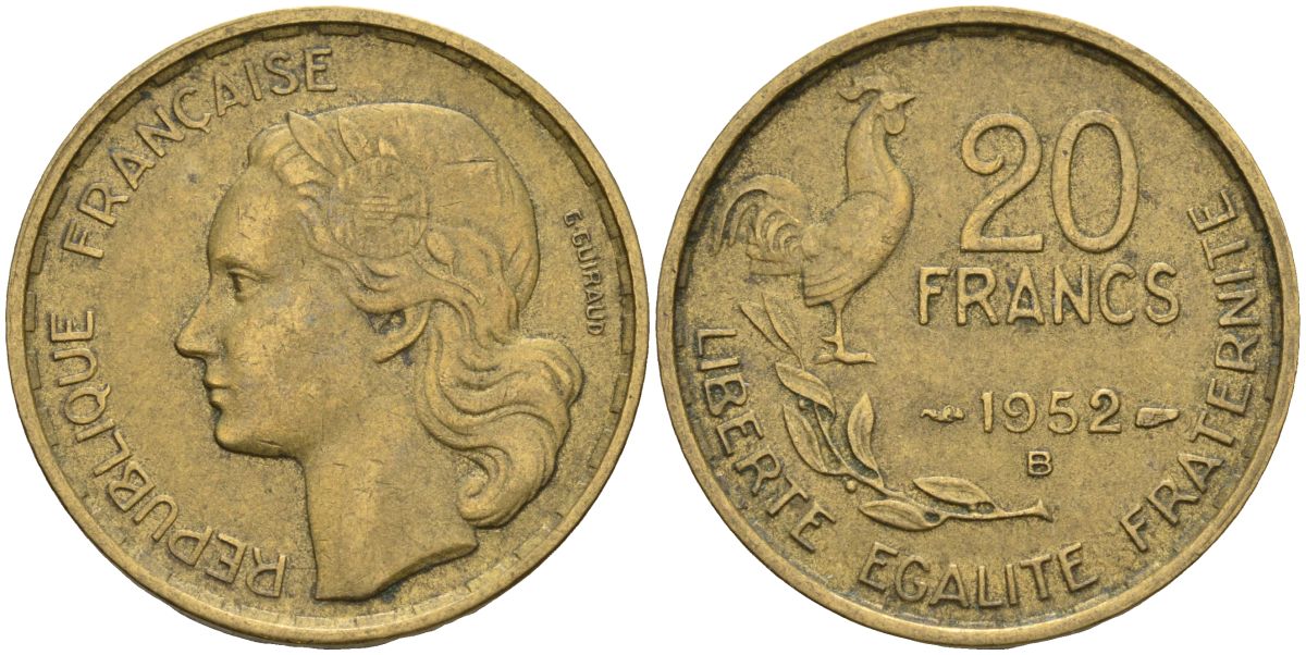 Франция 20 франков 1952 B, петух KM 917.1 алюминиевая бронза 4606-722