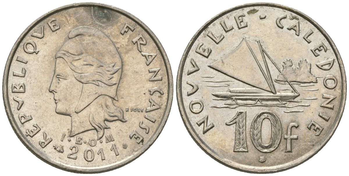 Французская Новая Каледония 10 франков 2011 рыбачья парусная лодка, (IEOM) KM 11a, Schoen 13a, Lec 99k медно-никель 63-422