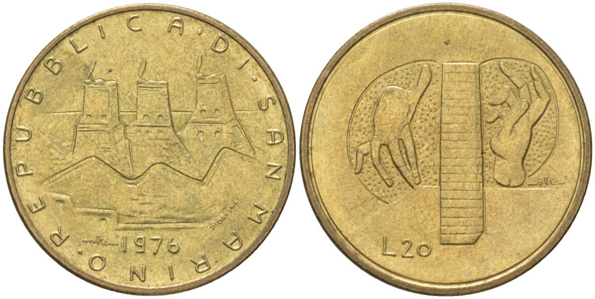 Сан-Марино 20 лир 1976 республика KM 55 алюминиевая бронза UNC 4614-413