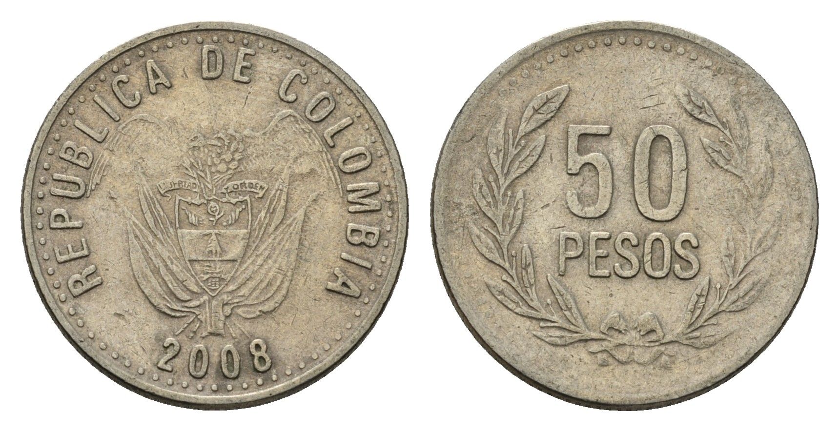 Колумбия 50 песо 2008 KM 283 медь цинк никель 4539-1133