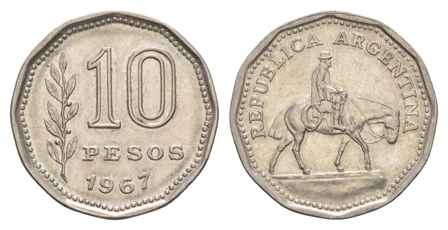 Аргентина 10 песо 1967 KM 60 сталь плакированная никелем 4637-336