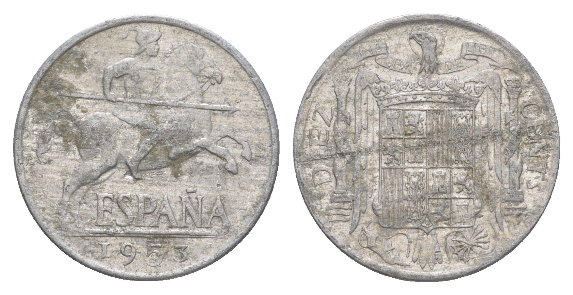 Испания 10 сентимо 1953 рыцарь на коне, Франсиско Франко (1939-1975) KM 766 алюминий 4619-1142