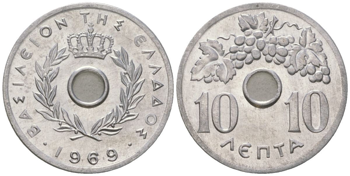 Греция 10 лепт 1969 Константин II (1964-1973), оливковая ветвь KM 78 алюминий UNC 4615-1045