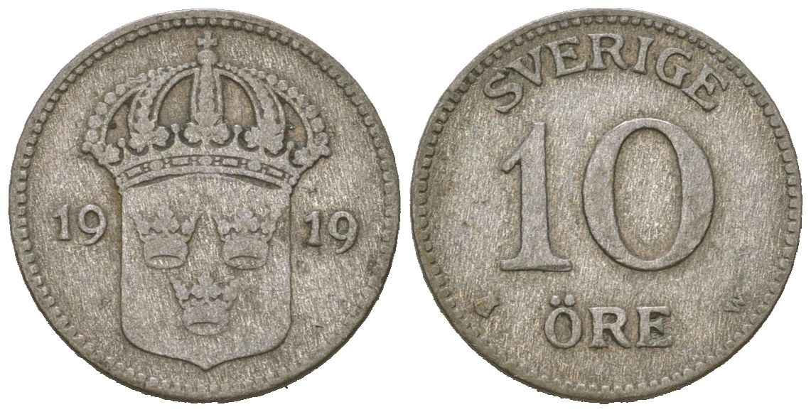 Швеция 10 эре 1919 W, Густав V (1907-1950) KM 780 серебро 4611-366