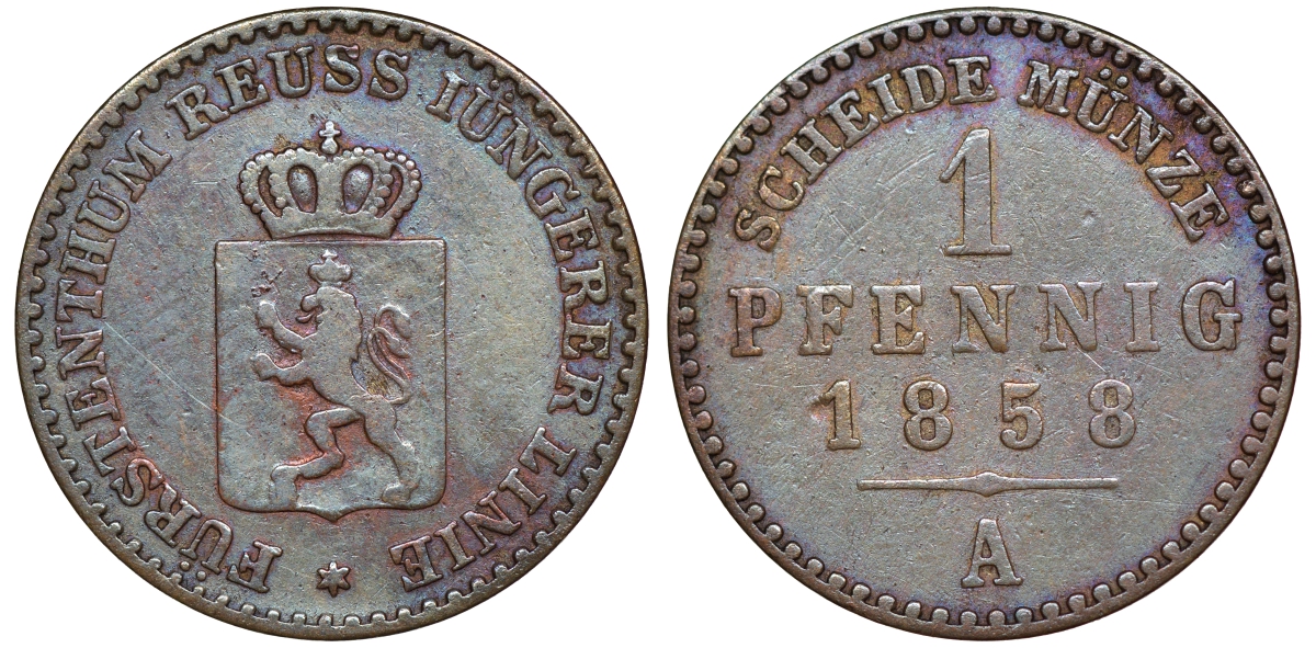 Рейсс-Гера 1 пфенниг 1858 A, Генрих LXVII (1854-1867) KM 69, Jaeger 129, AKS 40 медь    220-936