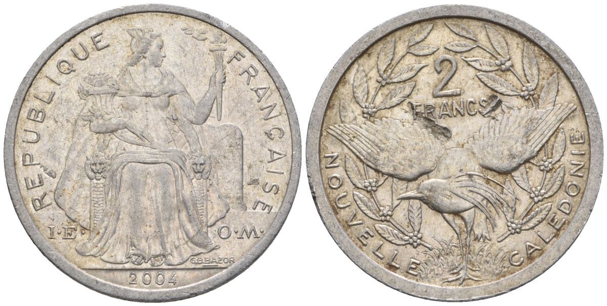 Французская Новая Каледония 2 франка 2004 птица кагу, (IEOM) KM 14, Schoen 11, Lec 68i алюминий    25-1935