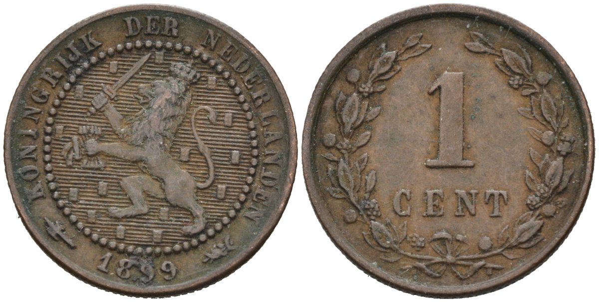 Нидерланды 1 цент 1899 Вильгельмина (1890-1948) KM 107 бронза 4576-636