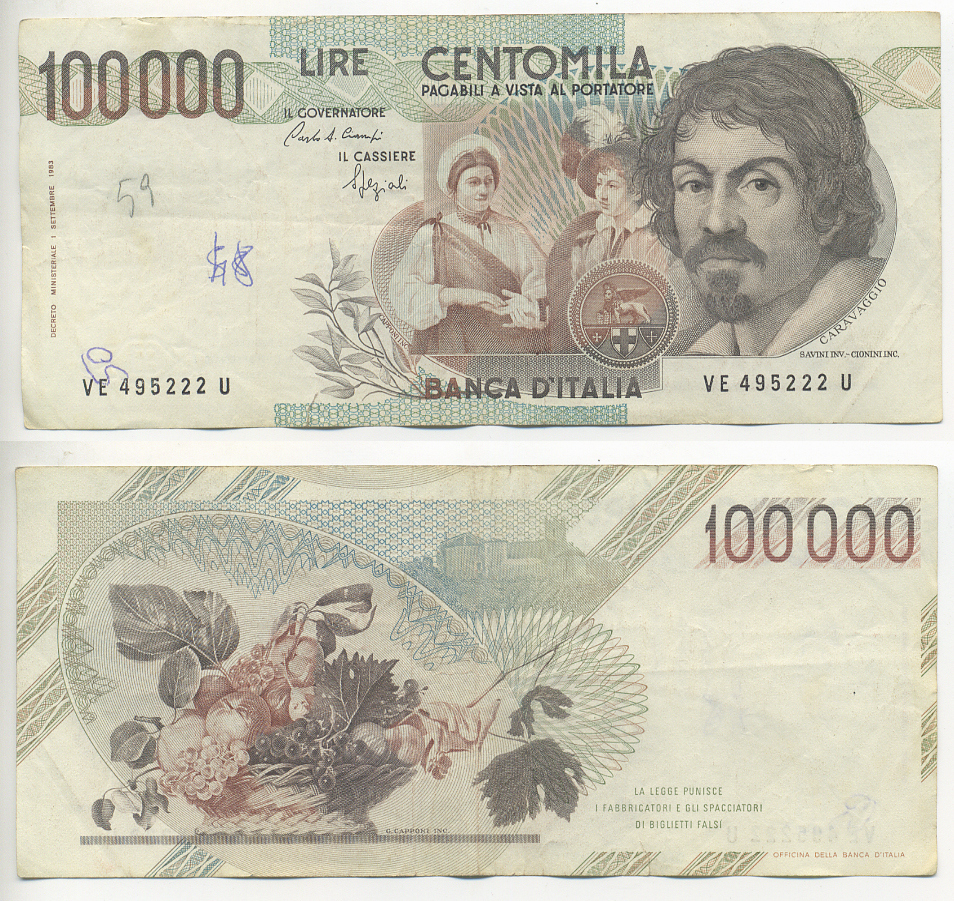 Италия 100000 лир 1983 Караваджо, фруктовый букет, подпись Stevani Pick 110а бумага 7220-4-2