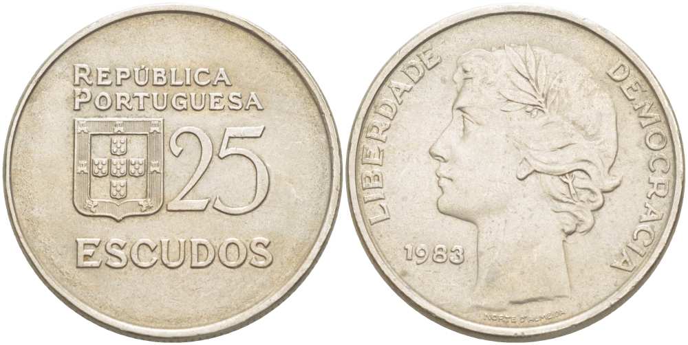 ПОРТУГАЛИЯ 25 ЭСКУДО 1983 KM 607а медно-никель 4517-421
