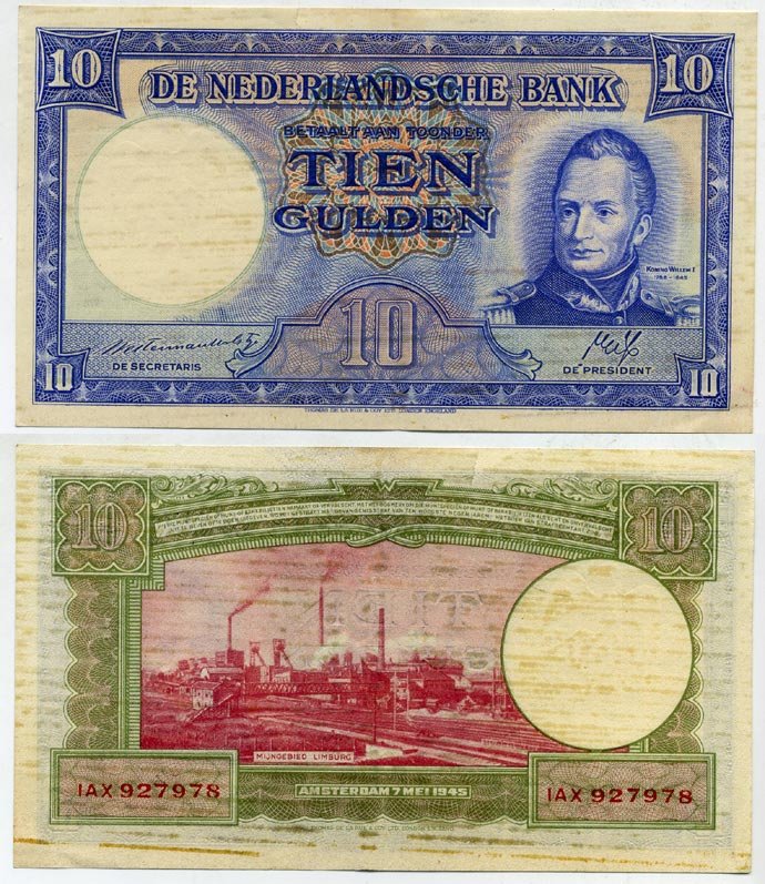 Нидерланды 10 гульденов 1945 Вильгельм I (1772-1843) Pick 75 b, Akkermans 35.1 b бумага 451-724-2