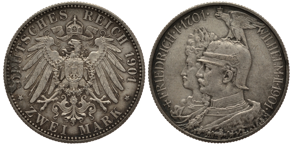 Пруссия 2 марки 1901 A, 200 лет Прусской королевской династии (Фридрих I - Вильгельм II) J.105, Weege 105, KM 525 серебро 3711-1111