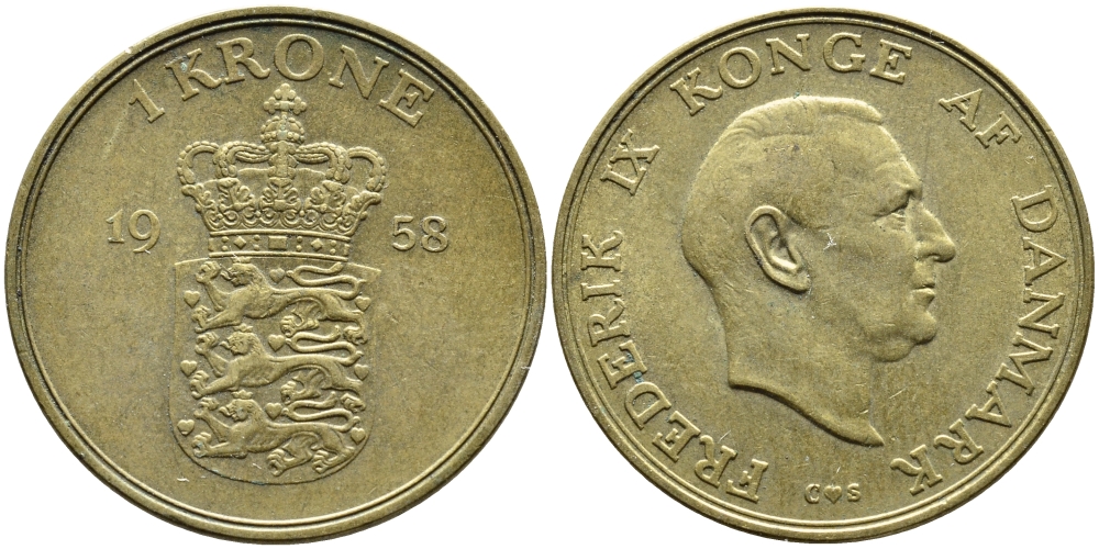 ДАНИЯ 1 КРОНА 1958 ФРИДЕРИК IX KM 837.2 алюминиевая бронза 4391-1241