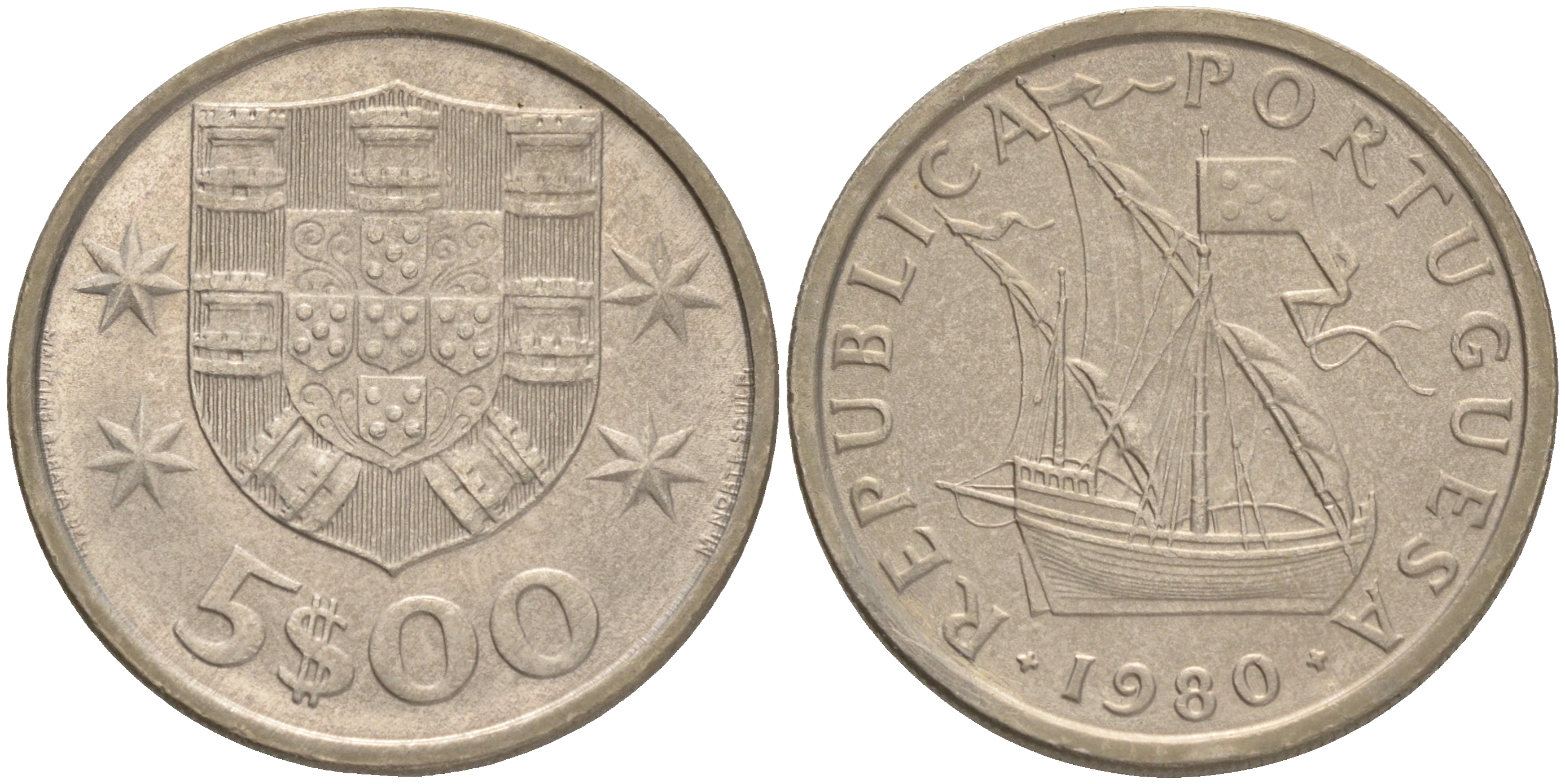 ПОРТУГАЛИЯ 5 ЭСКУДО 1980 ПАРУСНИК KM 591 медно-никель 4561-751