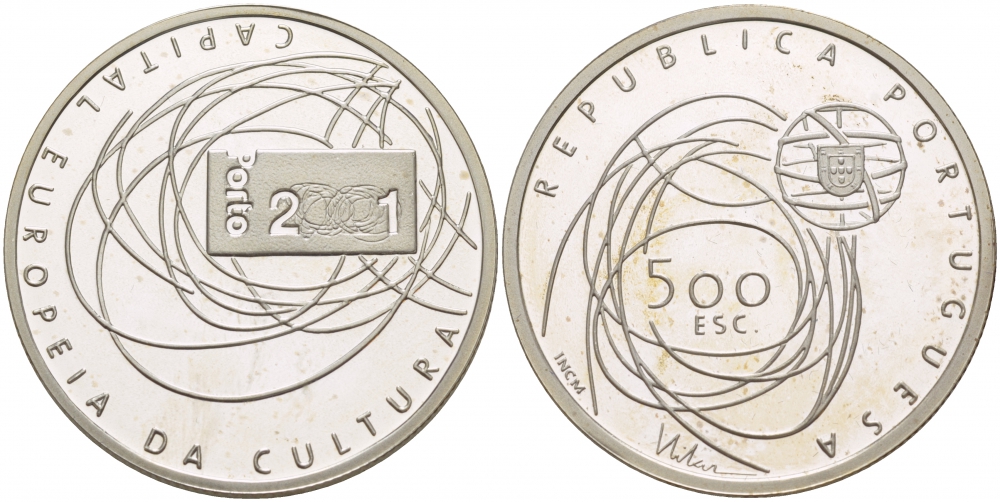 Португалия 500 эскудо 2001 Порту - Культурная столица Европы KM 733a серебро  PROOF 1088-4-22