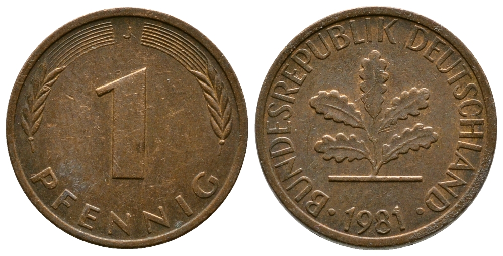 ФРГ 1 ПФЕННИГ 1981 J KM 105, J.380 сталь плакированная медью 179-1028