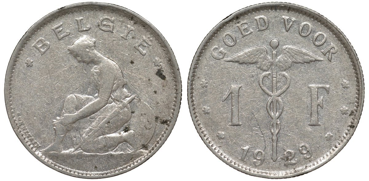Бельгия 1 франк 1929 Belgie KM 90 никель 51-1827