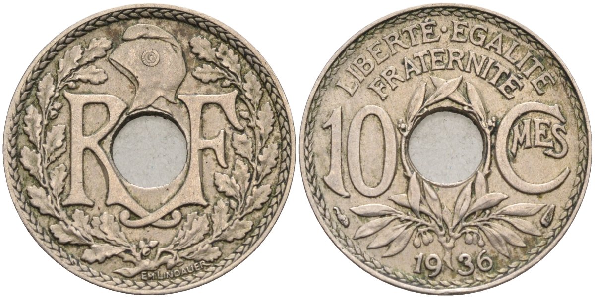 Франция 10 сантимов 1936 тип Lindauer KM 866а, Le Franc 138.23 медно-никель 4584-414