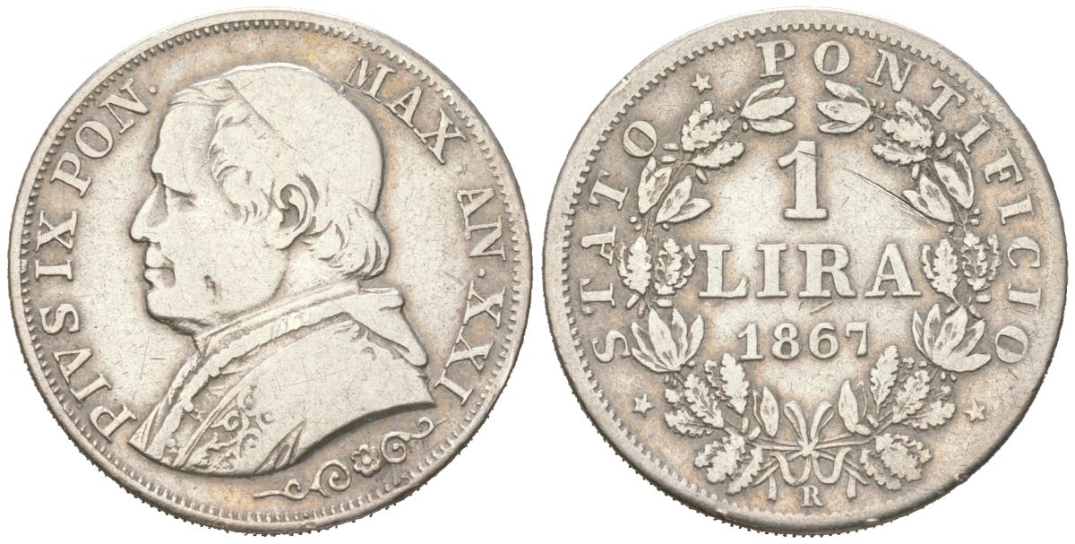 Папская область 1 лира 1867 Пий IX (1846-1878) KM 1378 серебро 4615-261