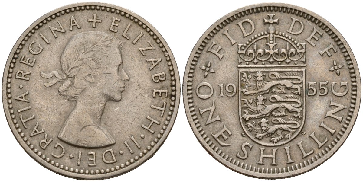 Великобритания 1 шиллинг 1955 Елизавета II (1952-2022), Английский герб KM 904, Spink 4147 медно-никель 4187-1054