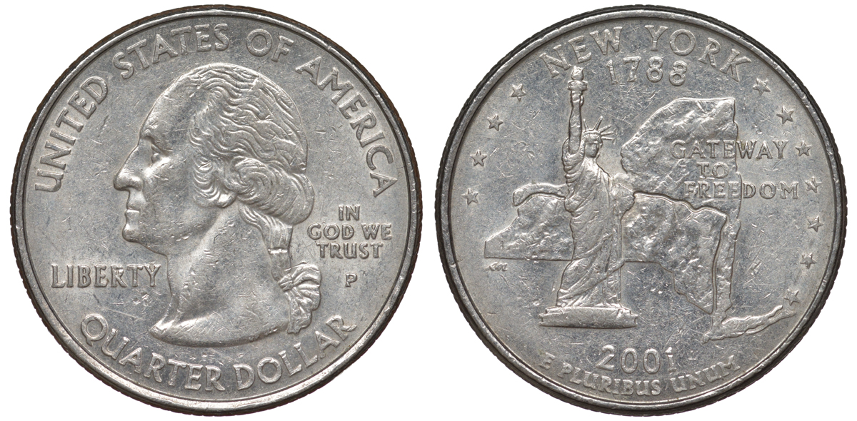 США 25 центов = квотер 2001 Р, серия штаты США, Нью-Йорк KM 318 медь плакированная медно-никелем 4541-514