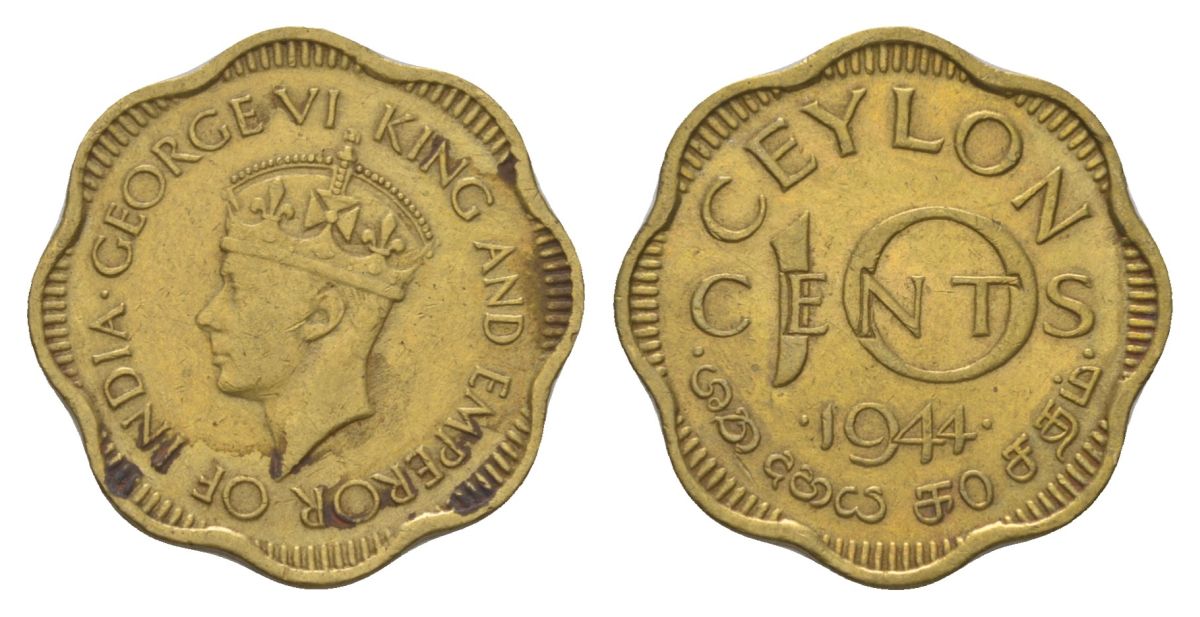 Цейлон 10 центов 1944 KM 118 никель латунь 4625-653