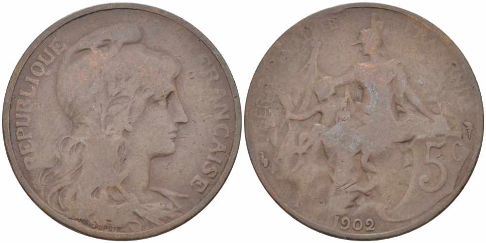 ФРАНЦИЯ 5 САНТИМОВ 1902 ТИП ДАНИЭЛЬ ДЮПЮИ KM 842, LE FRANC 119.12 бронза 108-837