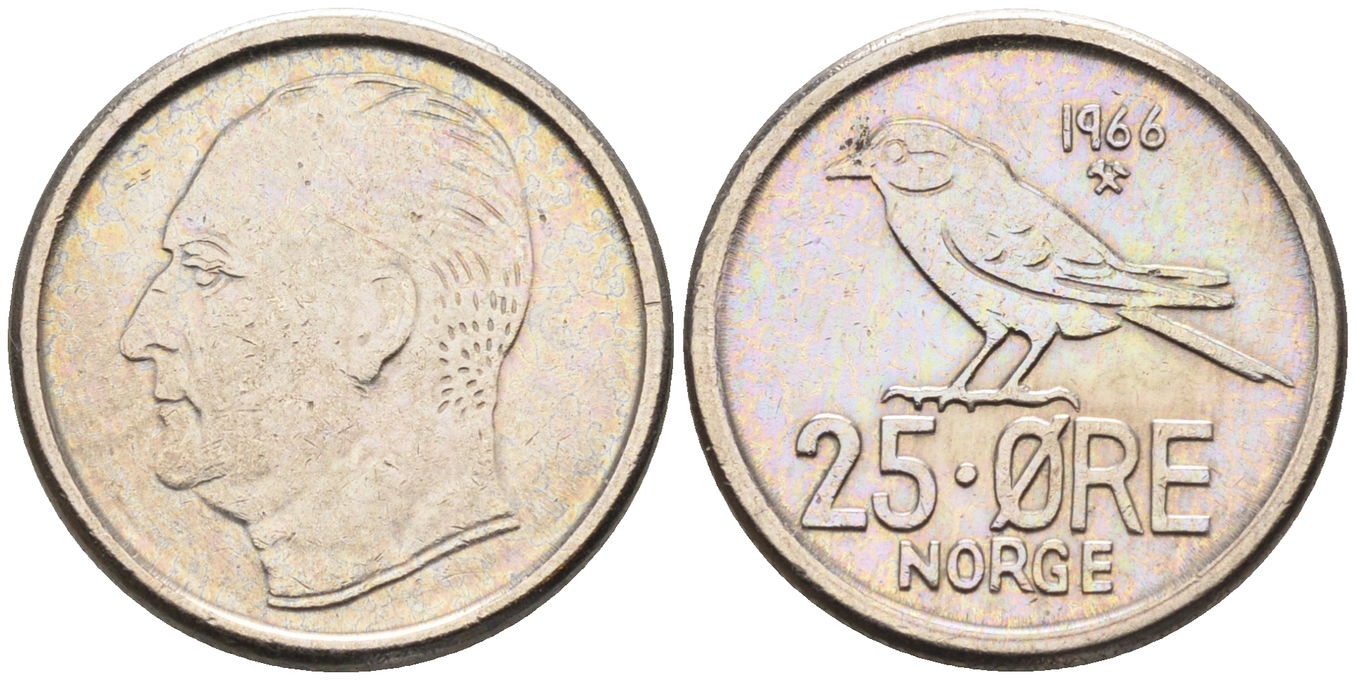 Норвегия 25 эре 1966 Улаф V (1958-1991), синица KM 407 медно-никель    4169-333