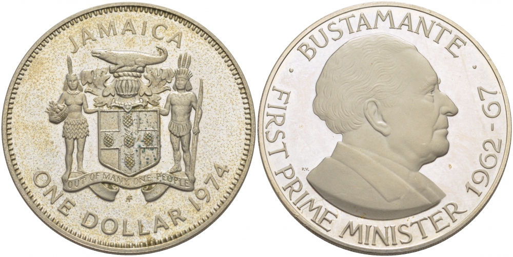 ЯМАЙКА 1 ДОЛЛАР 1974 M, ТИРАЖ 8961 ЭКЗ., ПЕРВЫЙ ПРЕМЬЕР-МИНИСТР БУСТАМАНТЕ 1962-67 KM 57 медно-никель PROOF 01-168-21