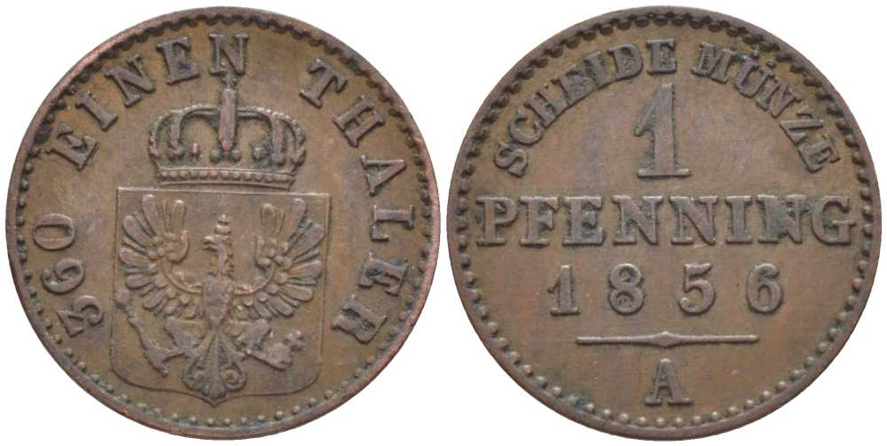 ПРУССИЯ 1 ПФЕННИГ 1856 А, ФРИДРИХ ВИЛЬГЕЛЬМ IV (1840-1861) KM 451 медь 201-537