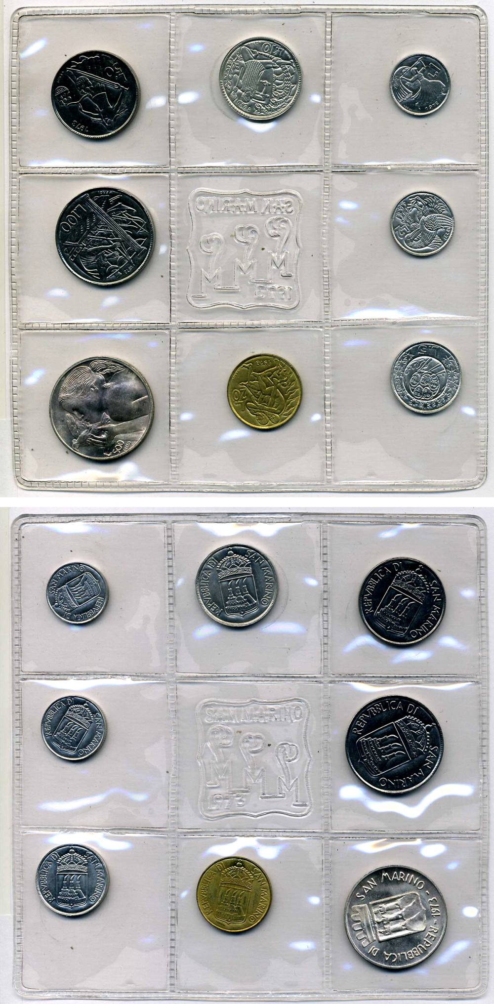 Сан-Марино годовой набор из 8 монет 1973 1, 2, 5, 10, 20, 50, 100 и 500 лир ребёнок держит голубя KM 22-29, в оригинальной пластиковой запайке серебро KM MS2 серебро UNC 3-4-5-19