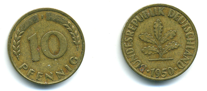 ФРГ 10 ПФЕННИГОВ 1950 J KM 108, J.383 сталь плакированная латунью 89-1721