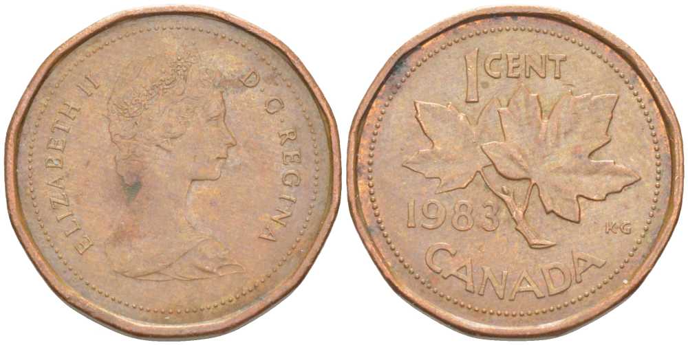 КАНАДА 1 ЦЕНТ 1983 КЛЕНОВЫЙ ЛИСТ, ЕЛИЗАВЕТА II KM 132 бронза 96-718