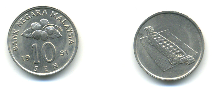 Малайзия 10 сенов 1991 цветок KM 51 медно-никель 3999-543