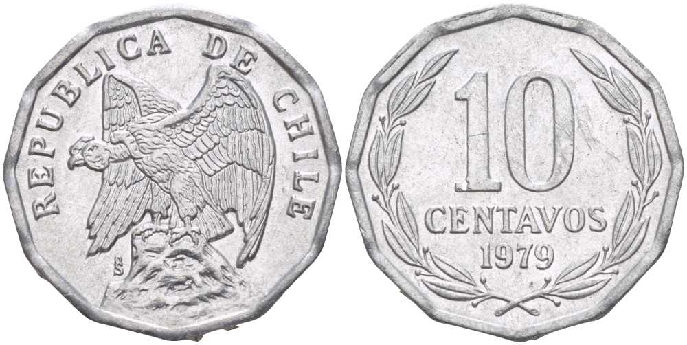 Чили 10 сентаво 1979 KM 205a алюминий 4402-447