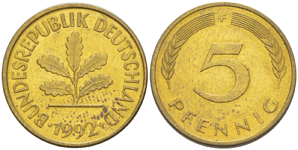 ФРГ 5 ПФЕННИГОВ 1992 F KM 107, J. 382 сталь плакированная латунью 4181-1037